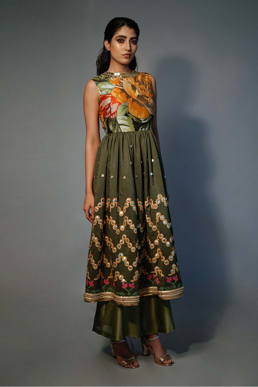 Nimai Earthy Olive Embroidered Kurta Set