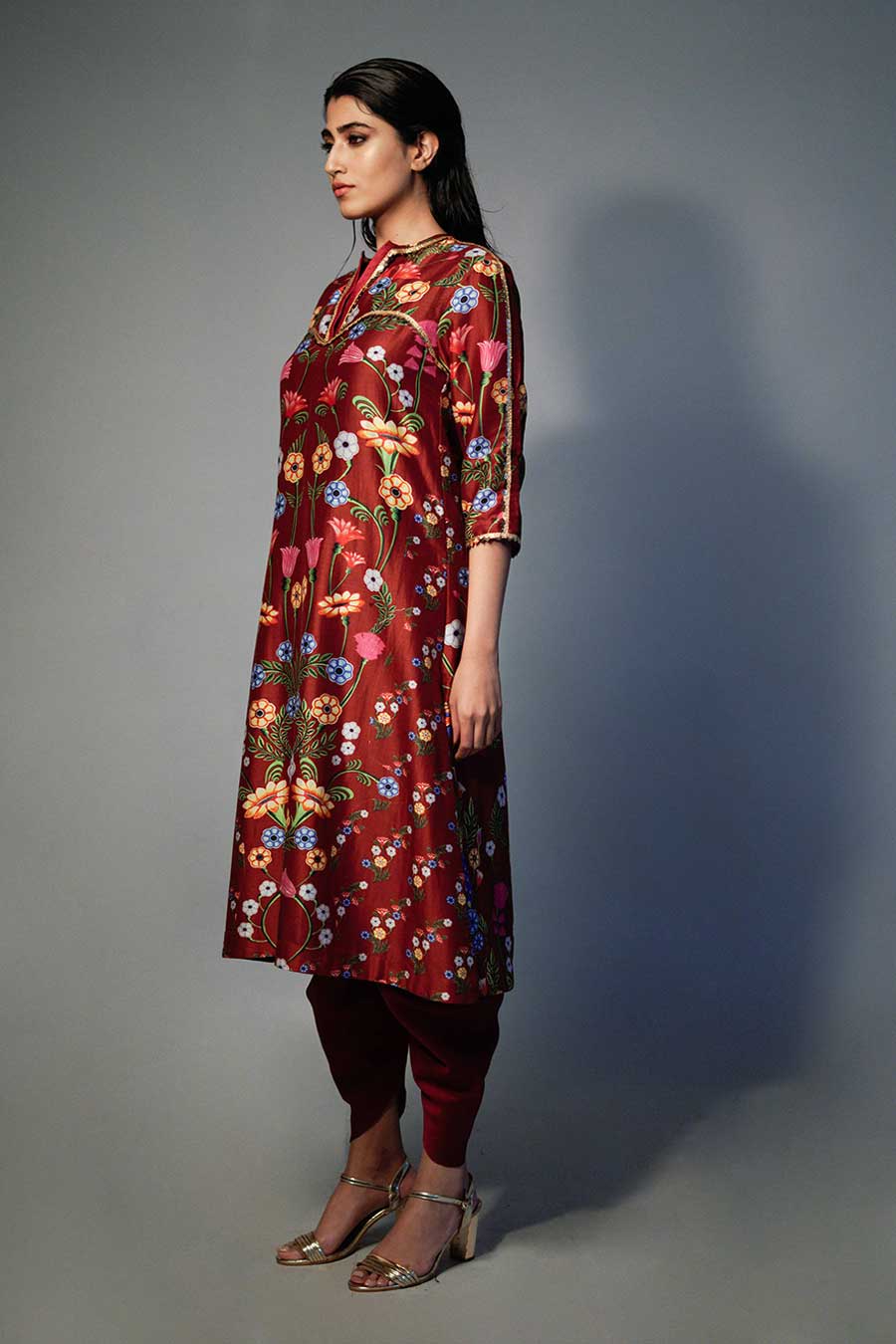 Mehroon Printed Chanderi Dhoti Kurta Set