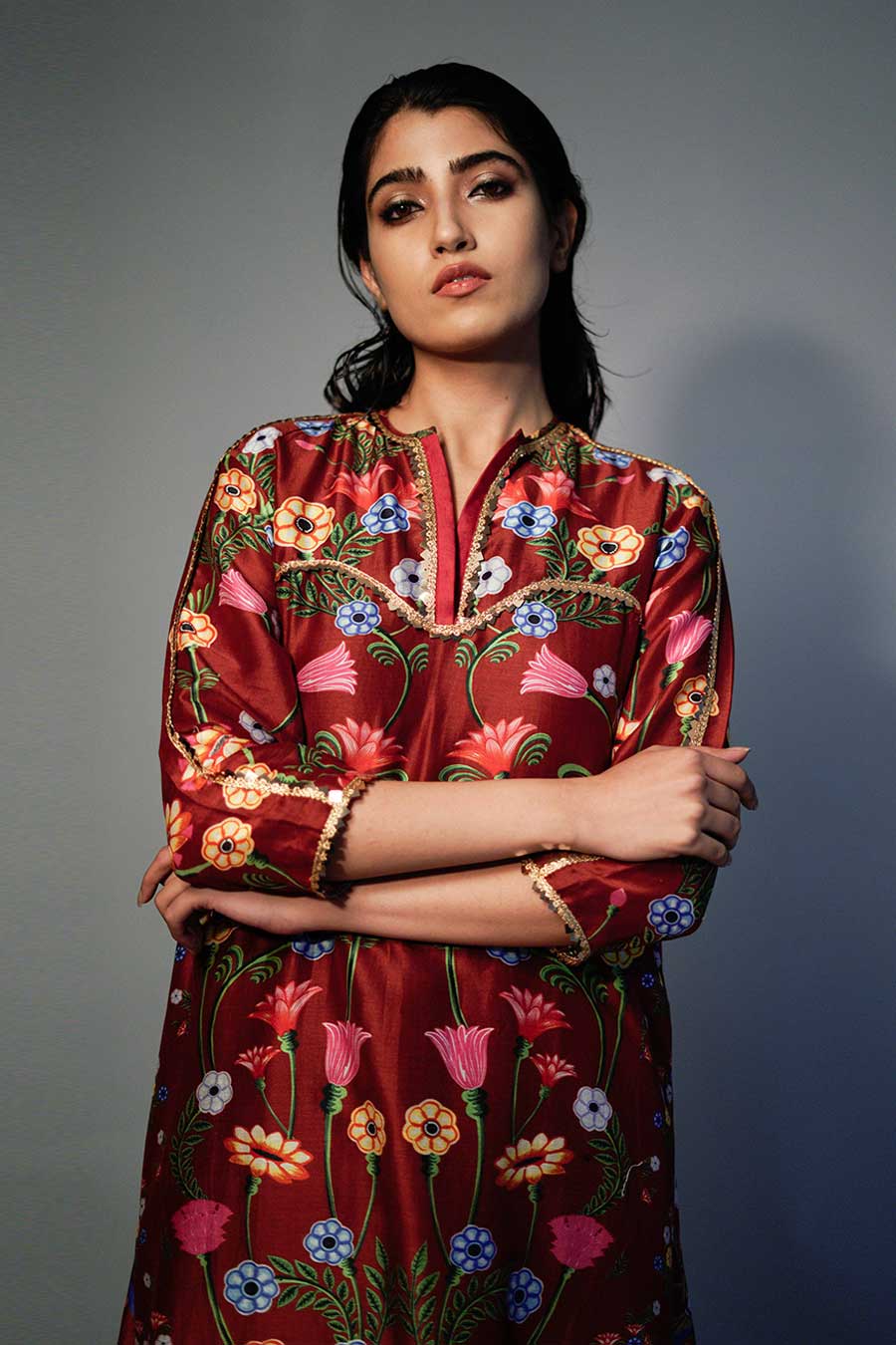 Mehroon Printed Chanderi Dhoti Kurta Set