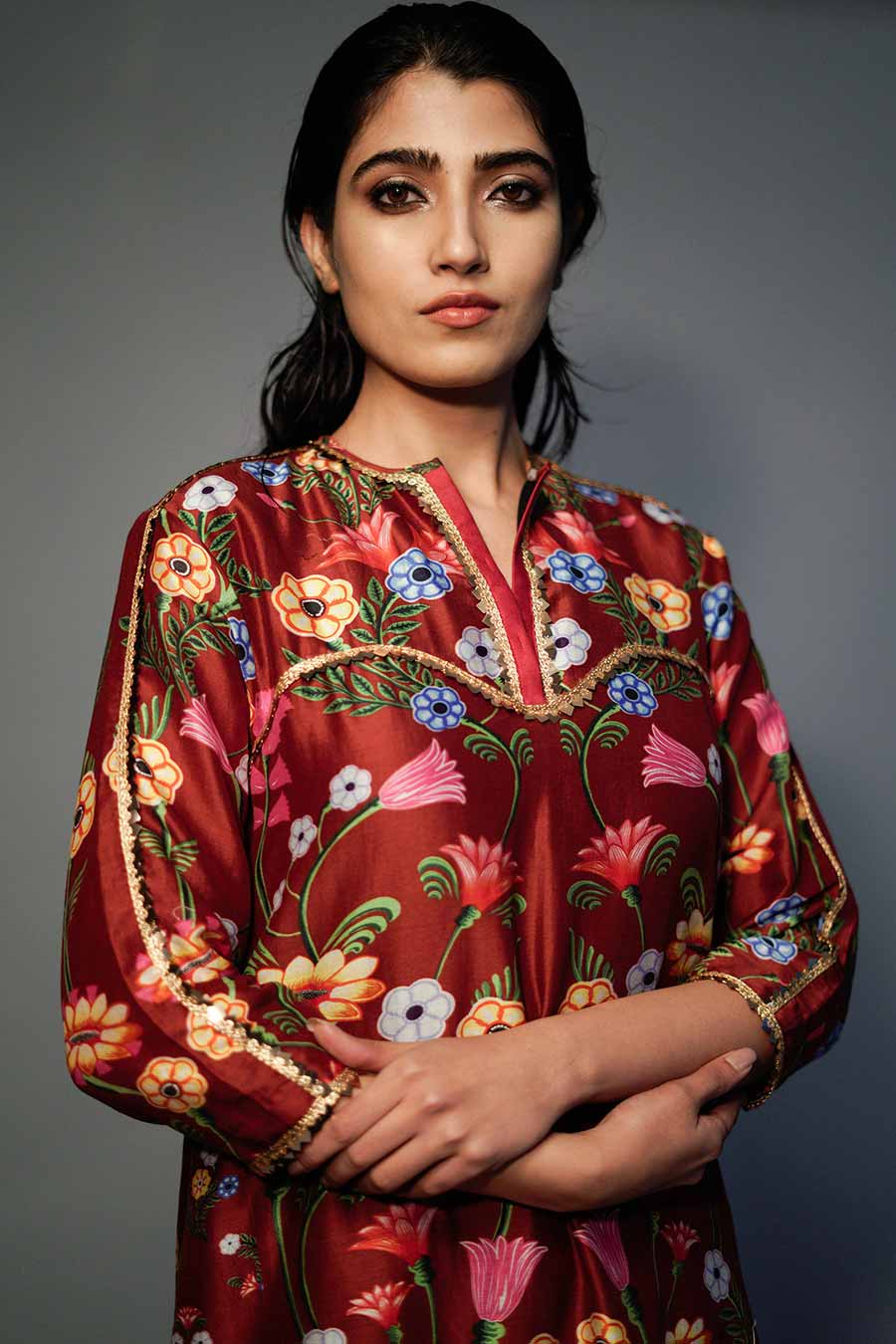 Mehroon Printed Chanderi Dhoti Kurta Set