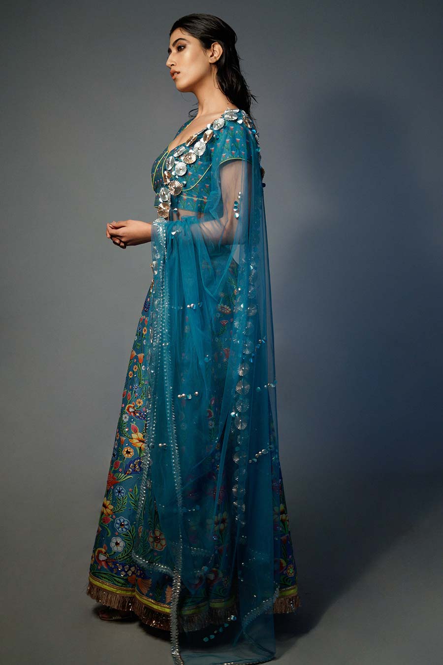 Blue Printed & Embroidered Lehenga Set