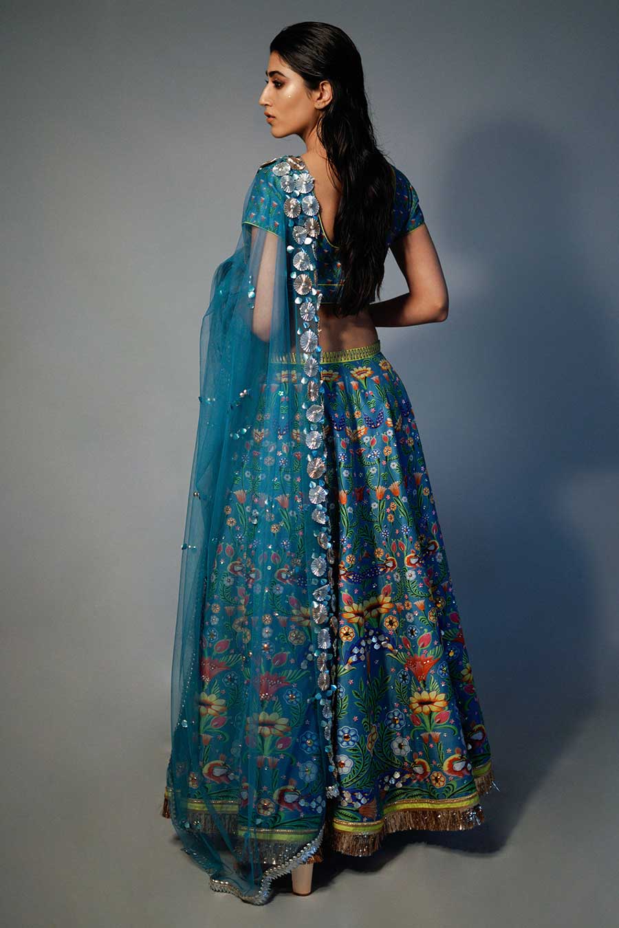 Blue Printed & Embroidered Lehenga Set