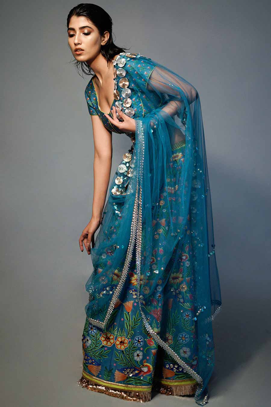 Blue Printed & Embroidered Lehenga Set