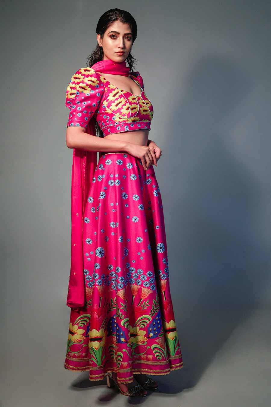 Pink Printed & Embroidered Lehenga Set