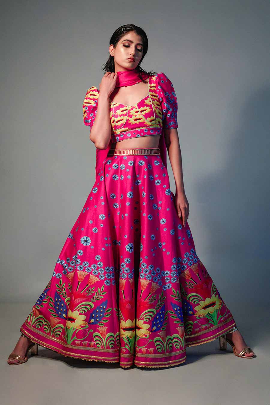 Pink Printed & Embroidered Lehenga Set