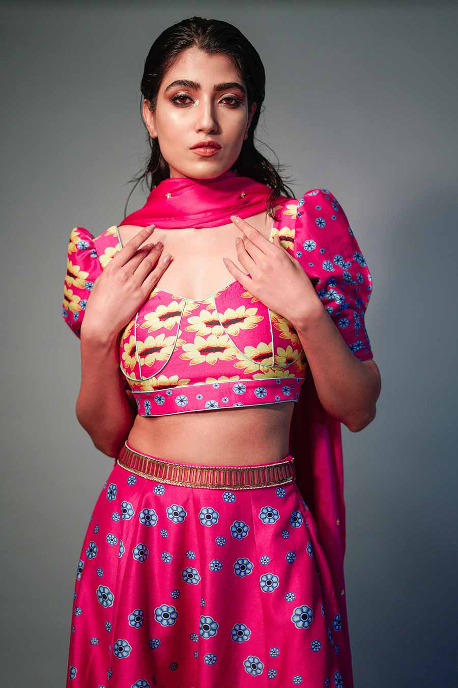 Pink Printed & Embroidered Lehenga Set