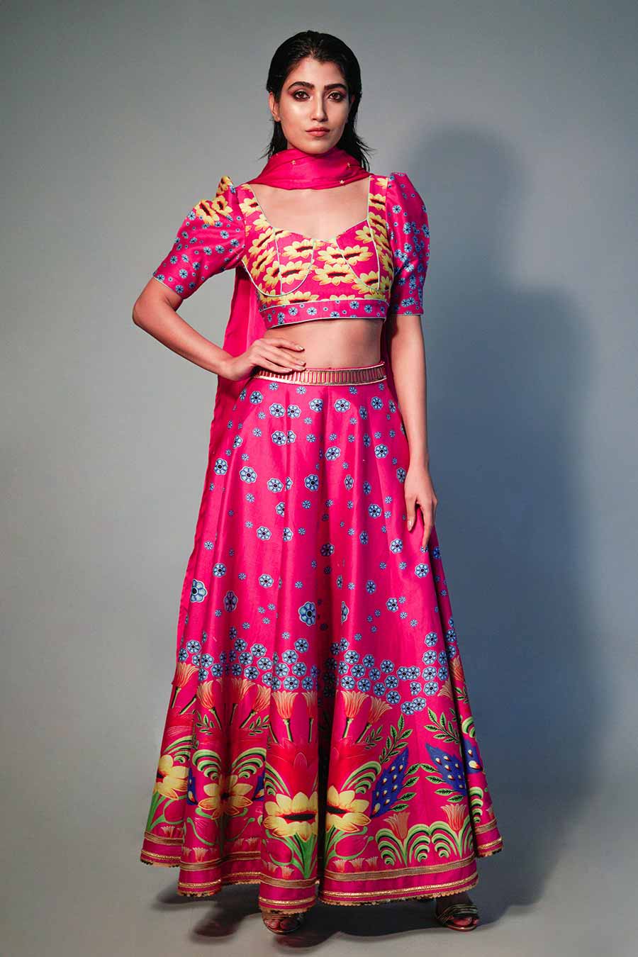 Pink Printed & Embroidered Lehenga Set