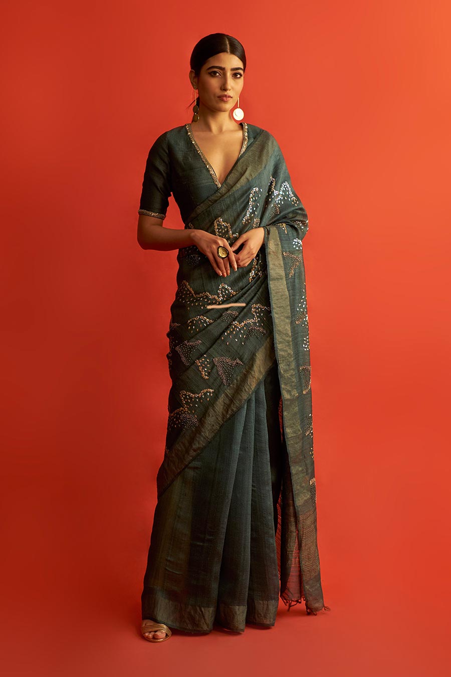 Emerald Green Embroidered Silk Saree