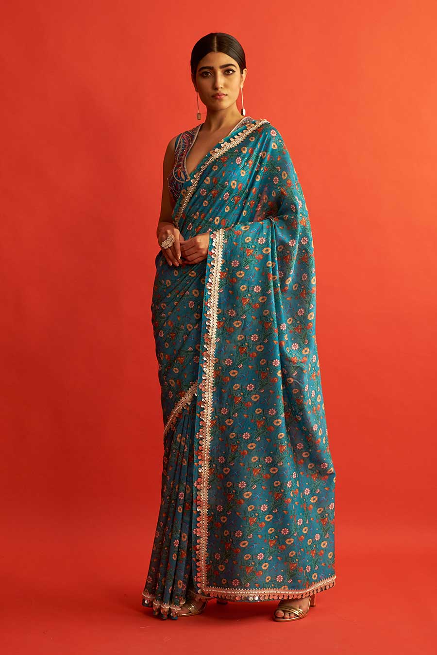 Blue Printed & Embroidered Chanderi Saree
