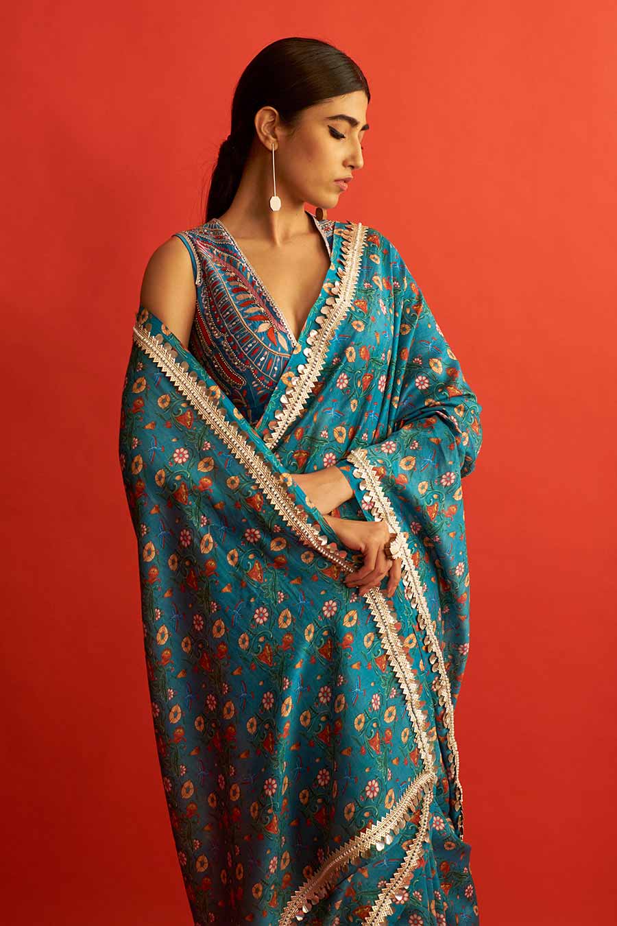 Blue Printed & Embroidered Chanderi Saree