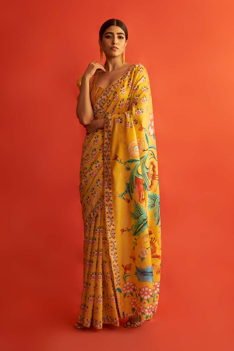 Yellow Printed Chanderi Saree