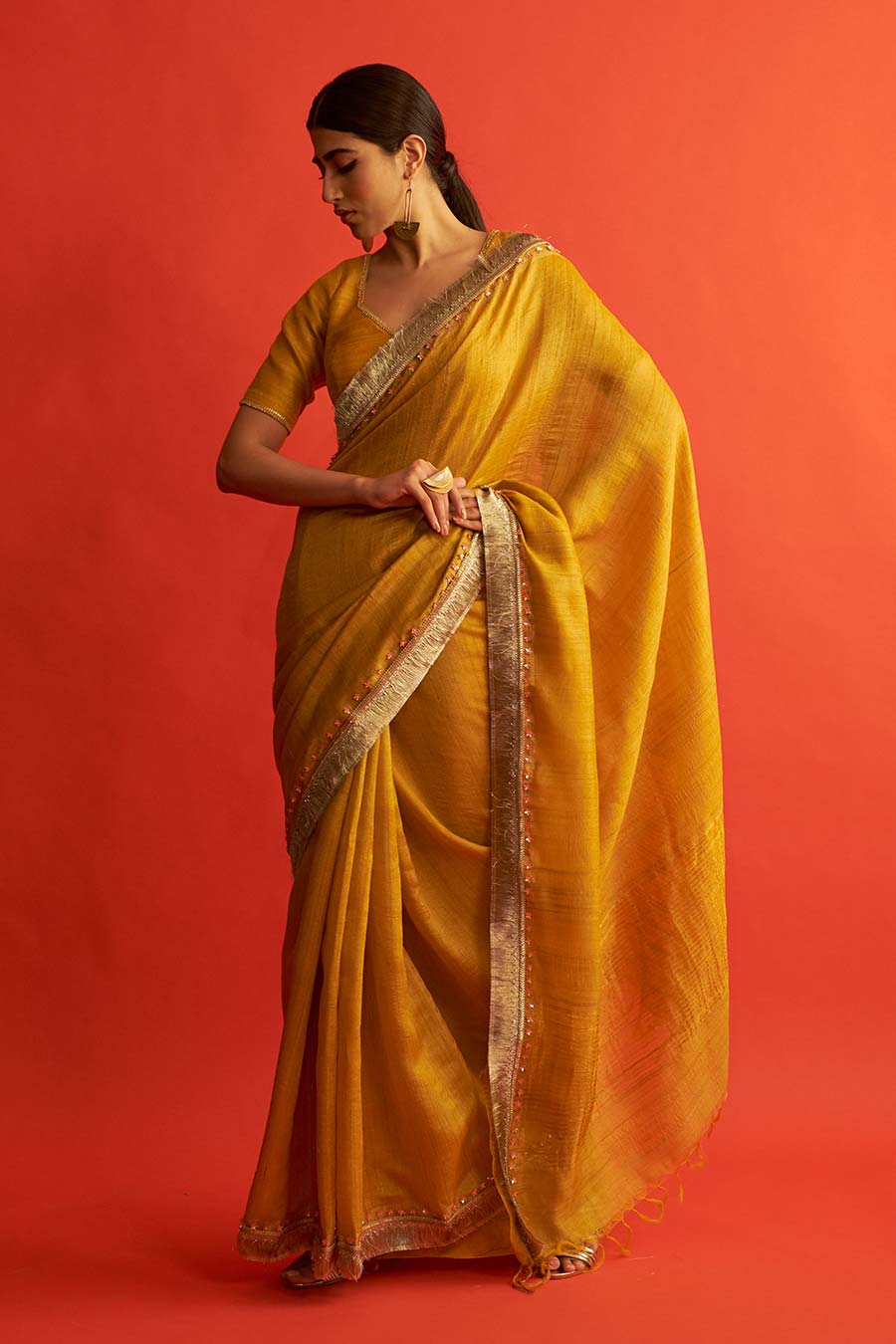 Mustard Yellow Tusser Silk Saree