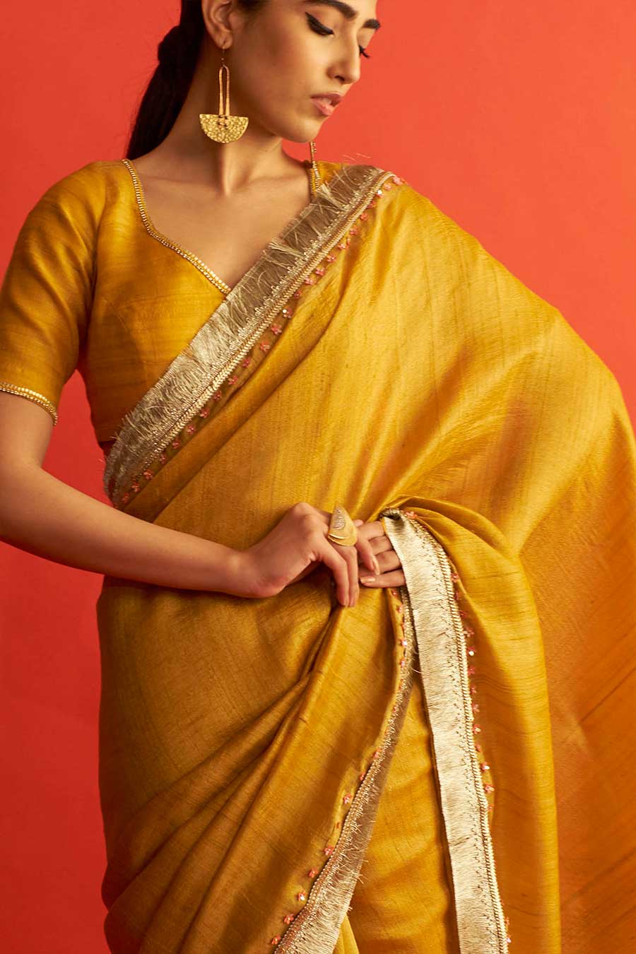 Mustard Yellow Tusser Silk Saree