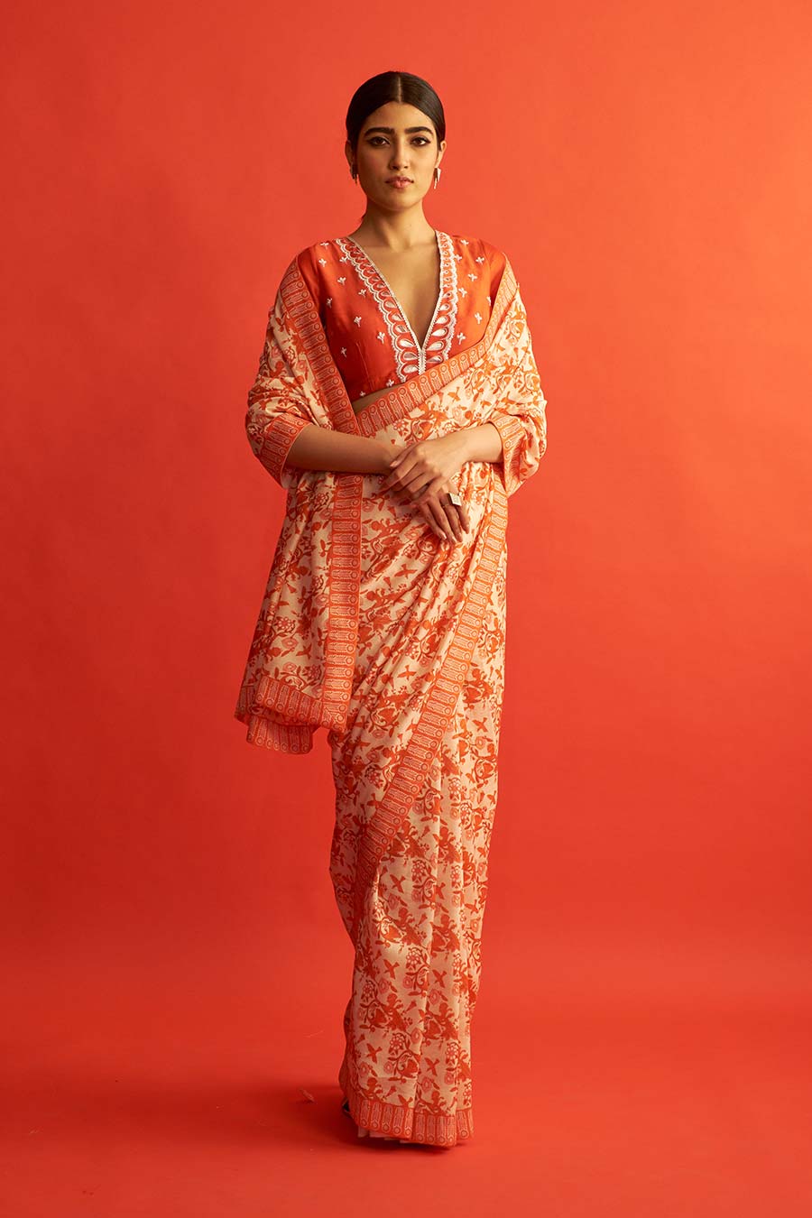 Red & Ivory Printed Chanderi Saree