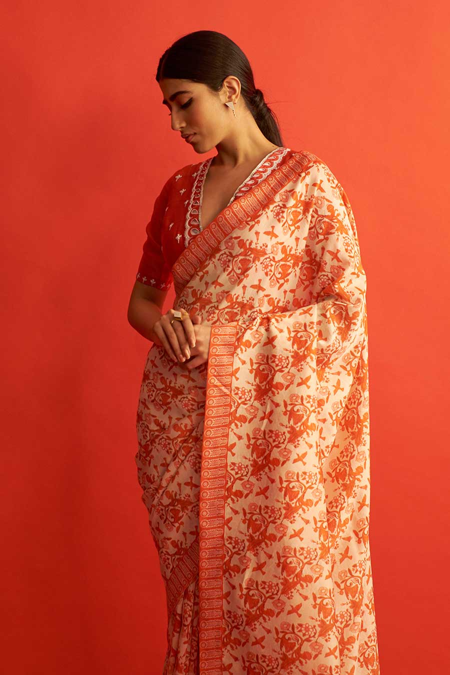 Red & Ivory Printed Chanderi Saree