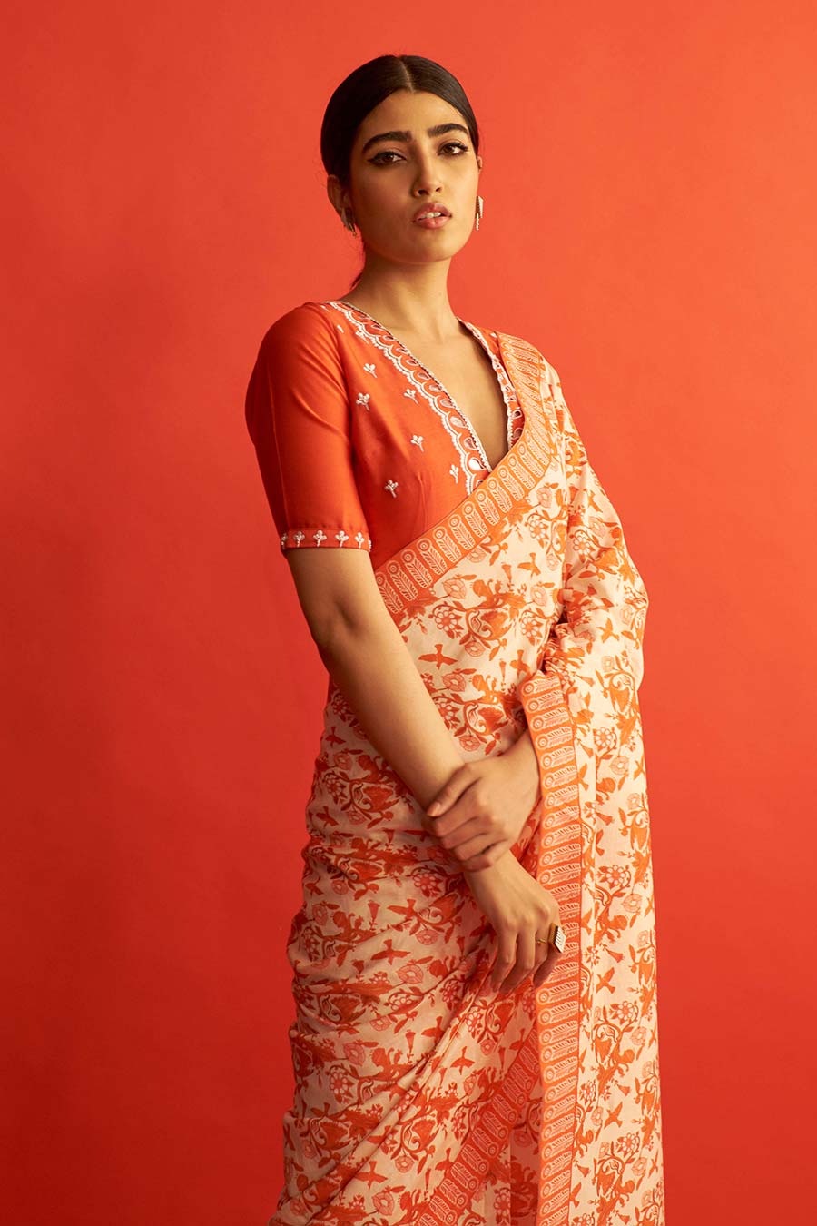 Red & Ivory Printed Chanderi Saree