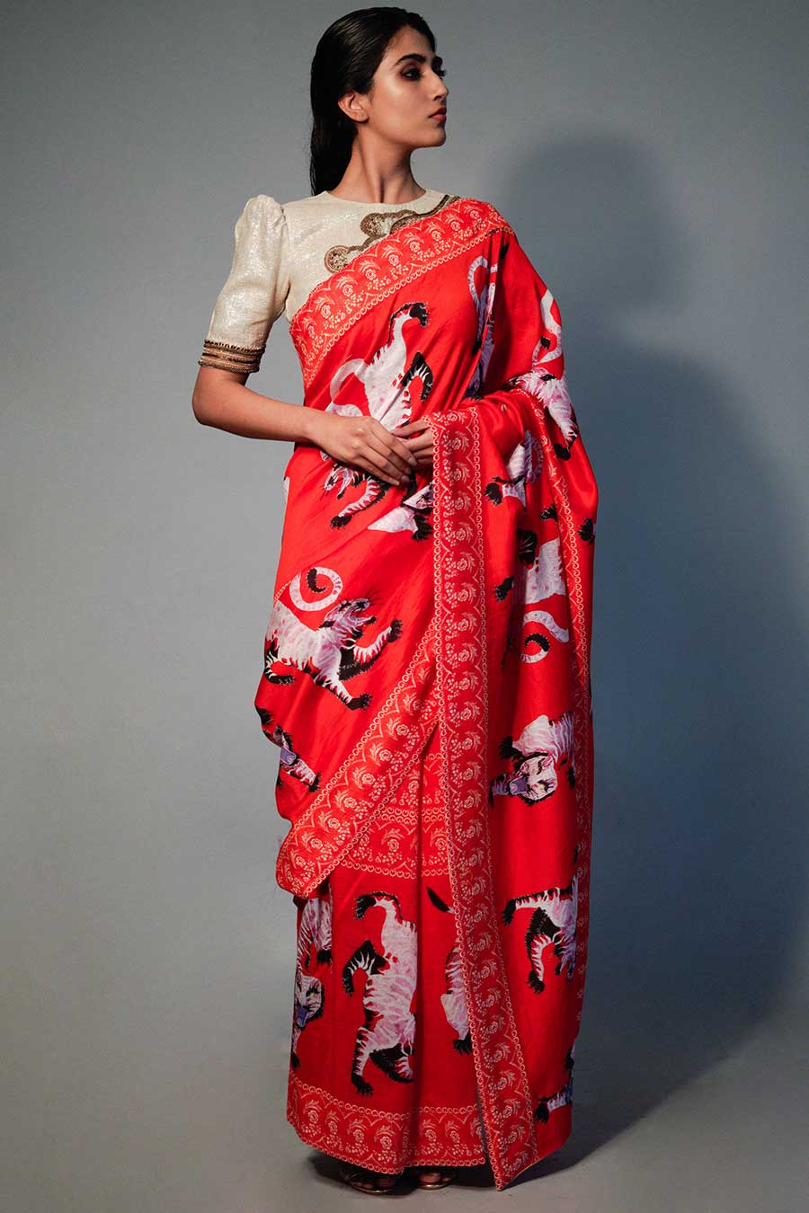 Red Chanderi Printed Saree