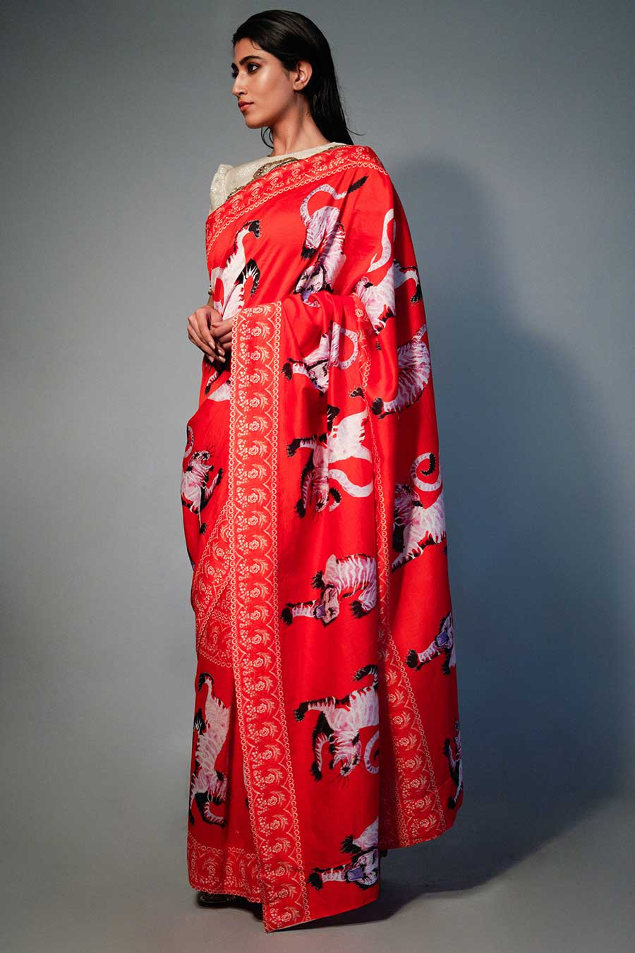 Red Chanderi Printed Saree