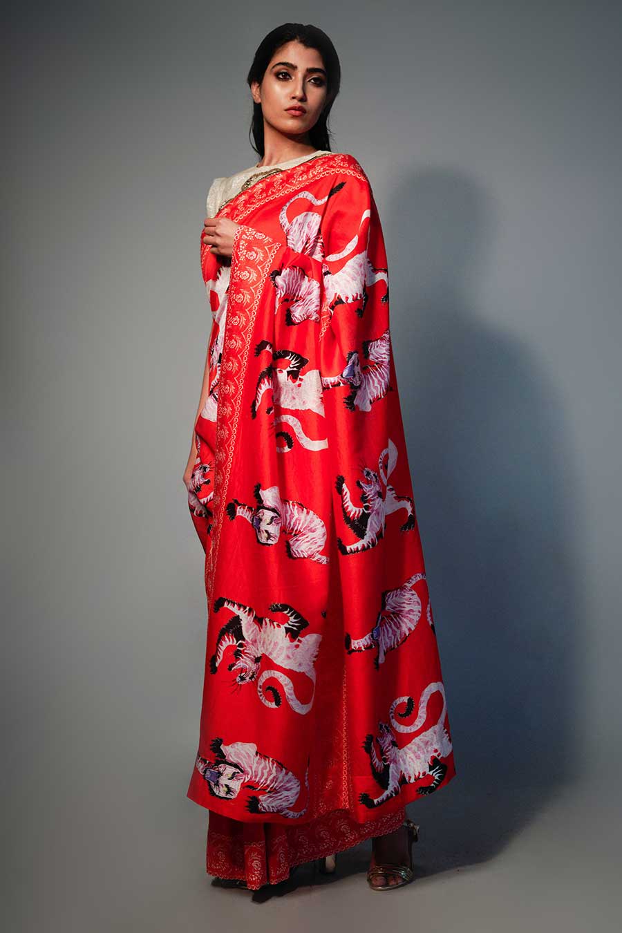 Red Chanderi Printed Saree