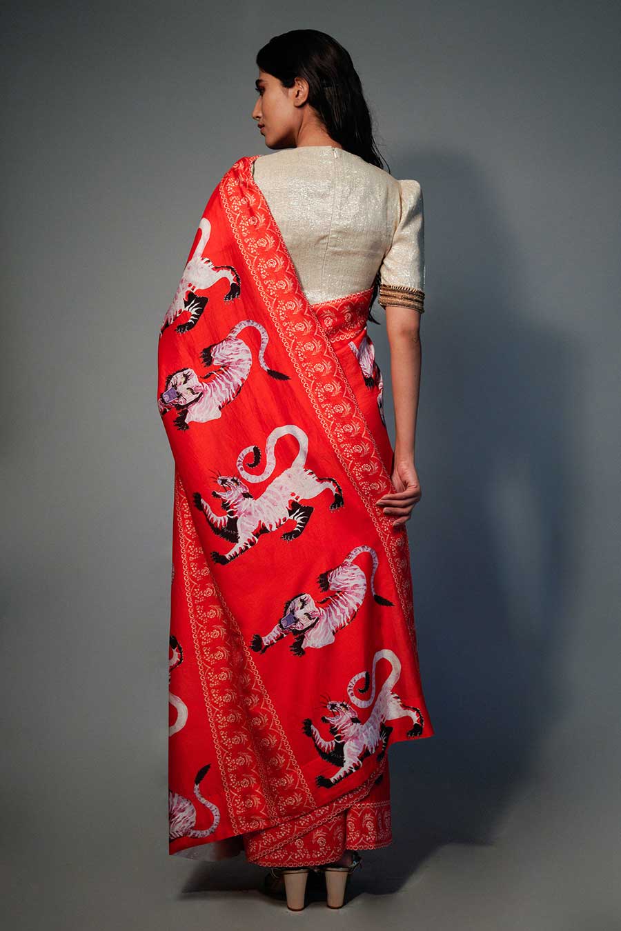 Red Chanderi Printed Saree