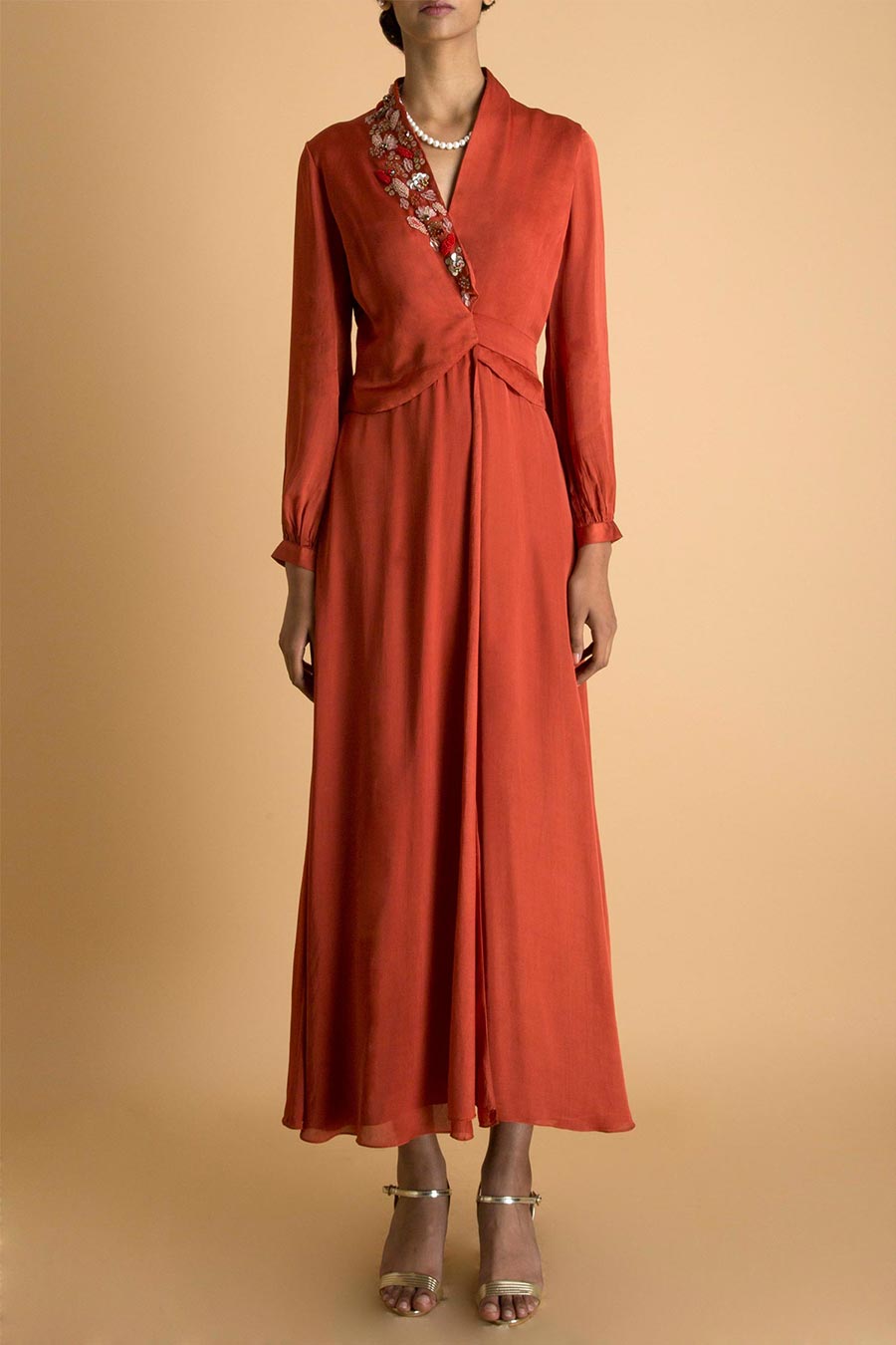 Rust Wrap Long Dress with Embroidery