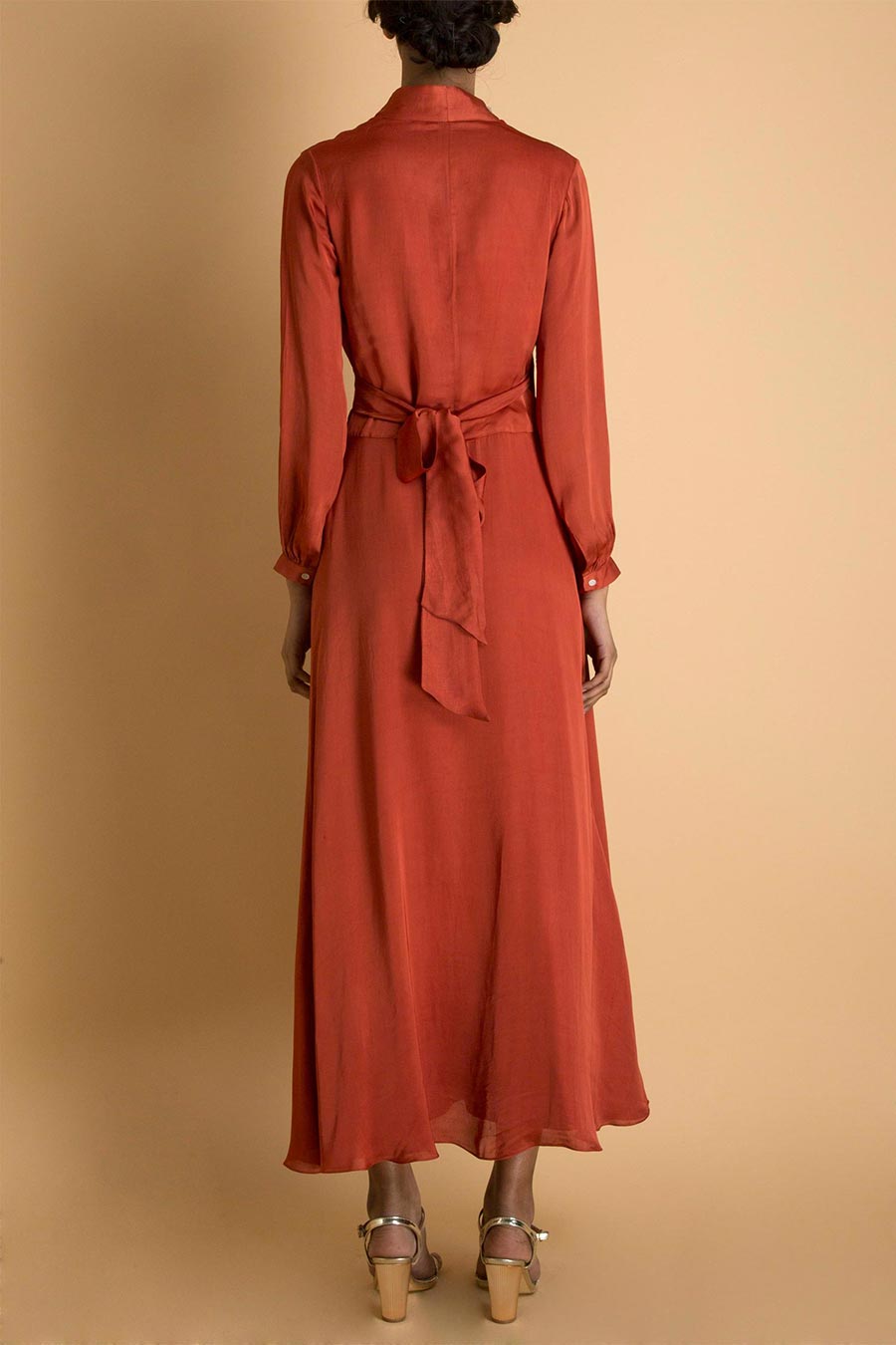 Rust Wrap Long Dress with Embroidery