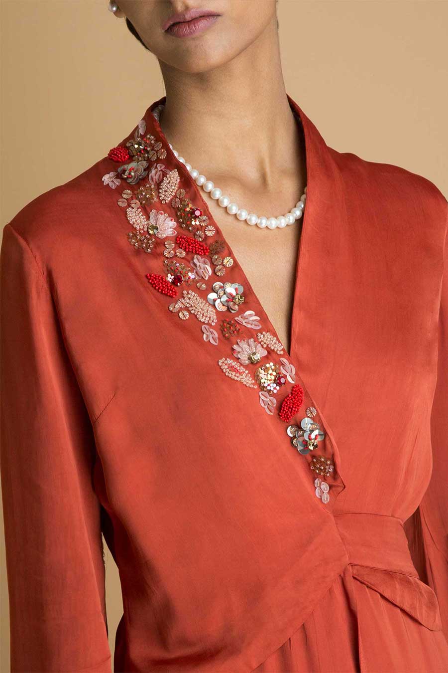 Rust Wrap Long Dress with Embroidery