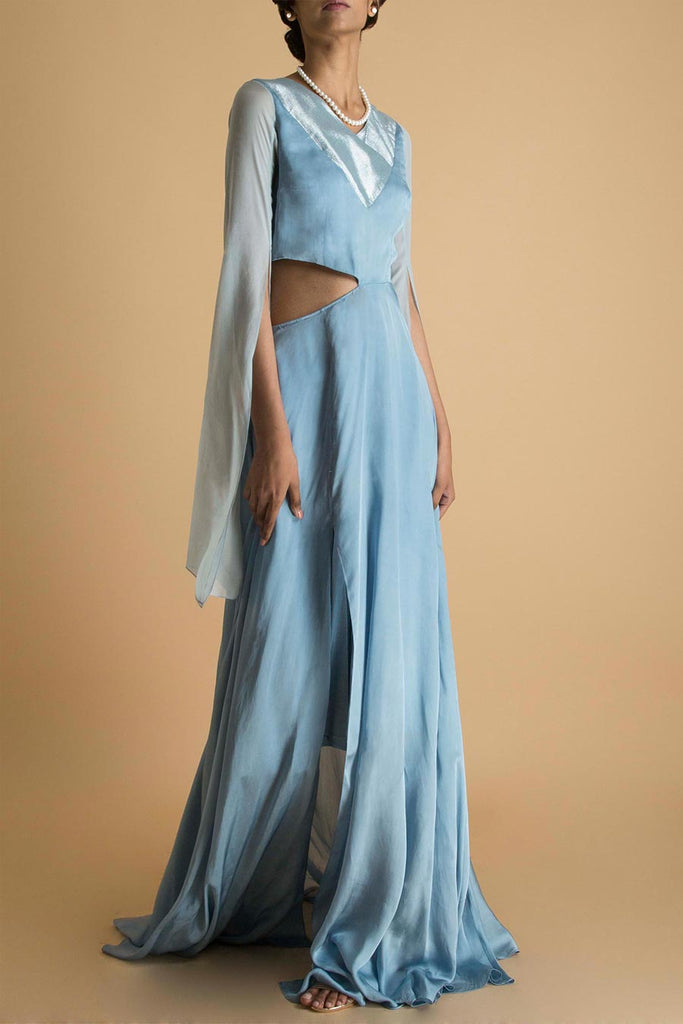 PARIS BLUE FITTED RUCHED SATIN GOWN – DDMINE