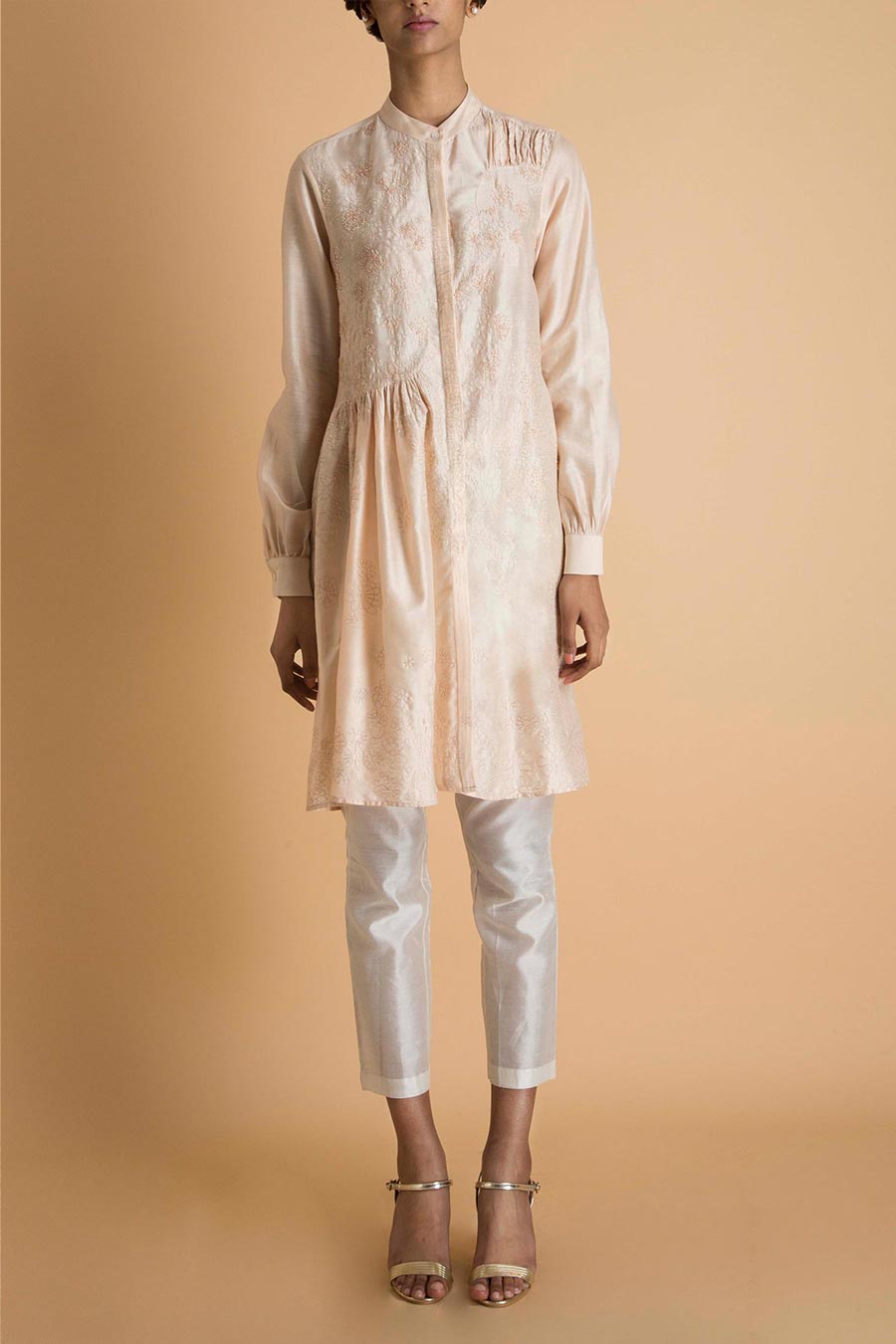 Peach Tonal Embroidered Tunic Kurta