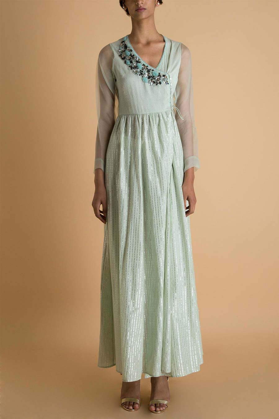 Metallic Stripe Mint Green Angrakha Kurta