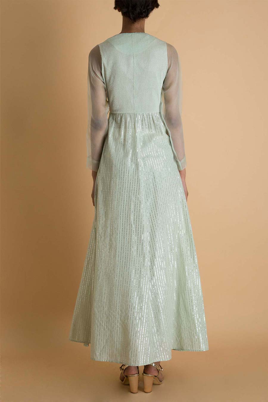 Metallic Stripe Mint Green Angrakha Kurta