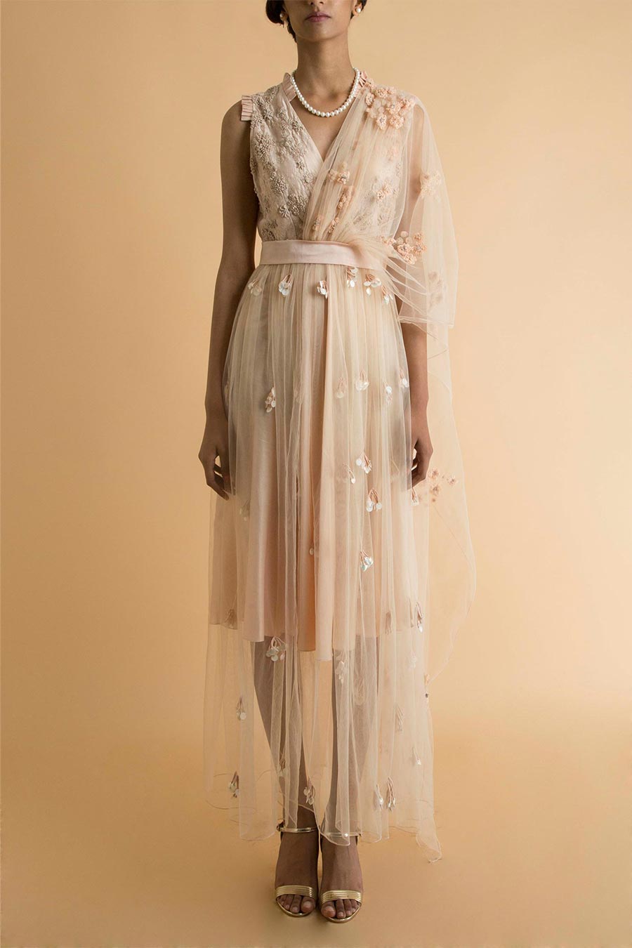 Peach Embroidered Sheer Drape Dress