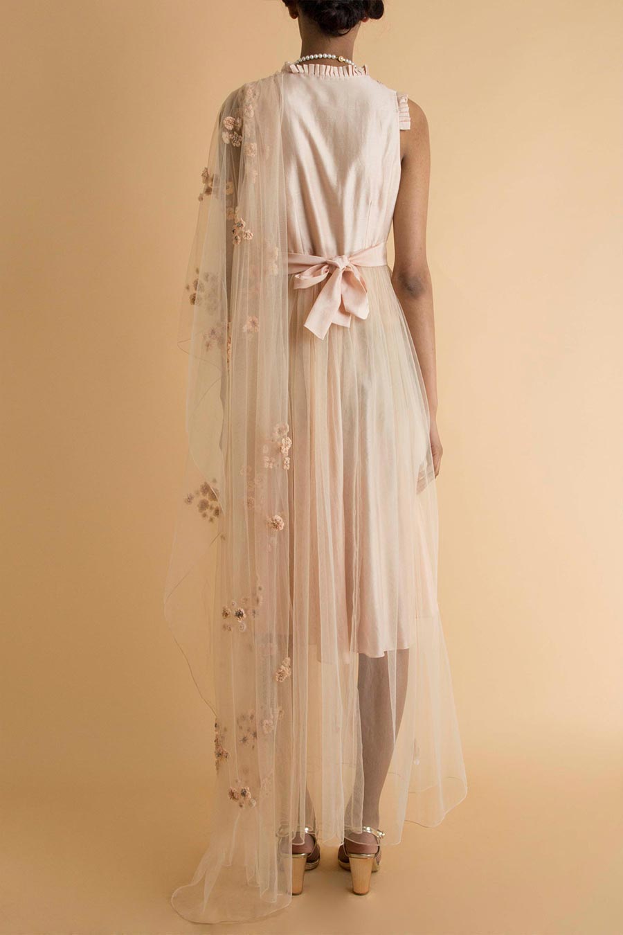 Peach Embroidered Sheer Drape Dress