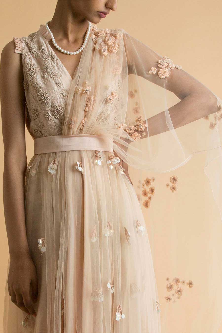 Peach Embroidered Sheer Drape Dress