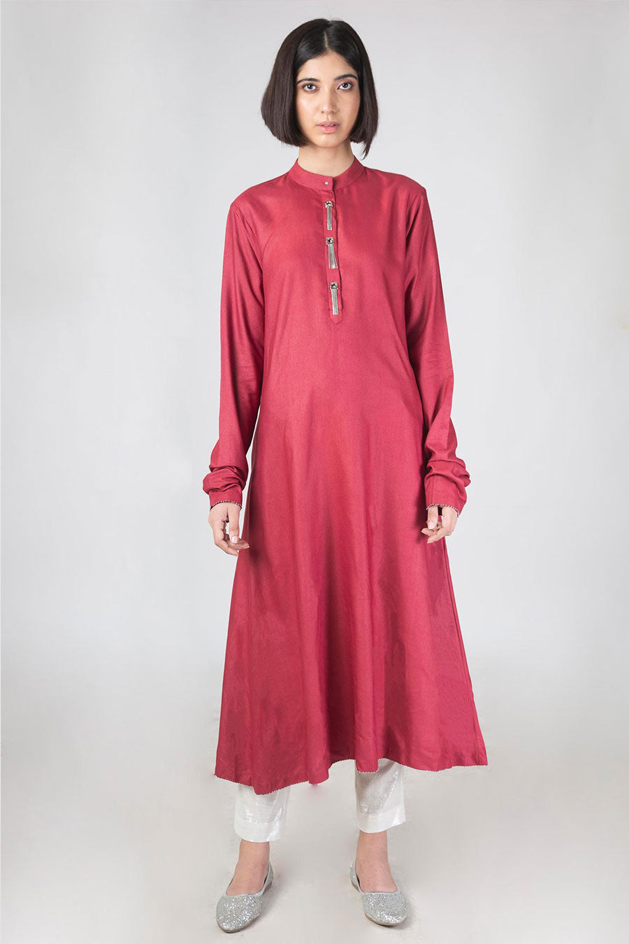 Red Flared Silk Kurta