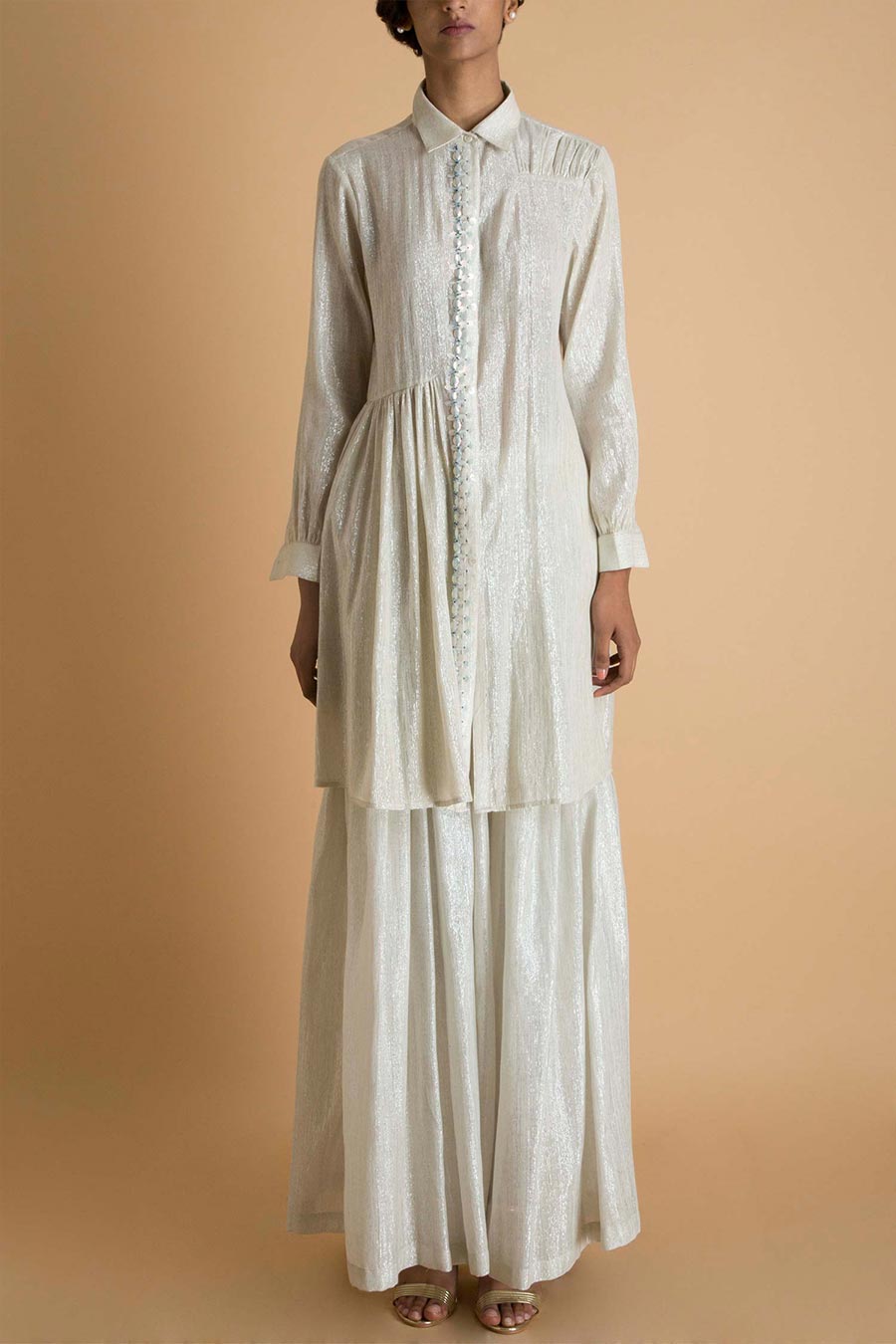 Ivory Silver Cotton Gathered Pallazo