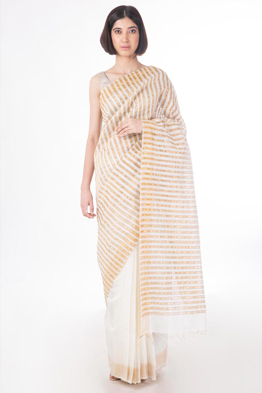 Ivory & Gold Handwoven Ivory Silk Saree