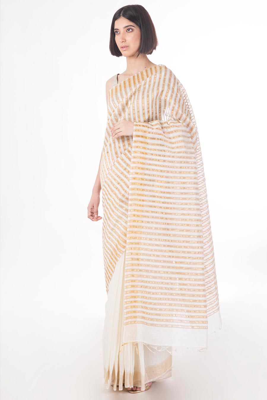 Ivory & Gold Handwoven Ivory Silk Saree