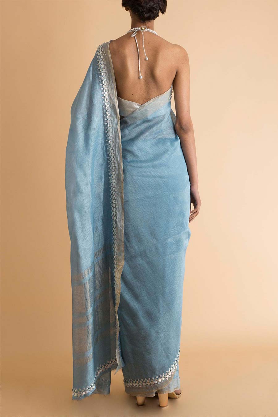 Blue Embroidered Linen Silk Saree