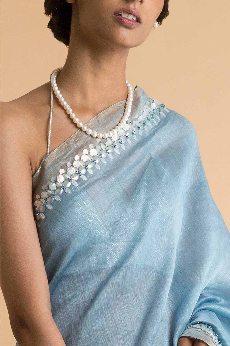 Blue Embroidered Linen Silk Saree