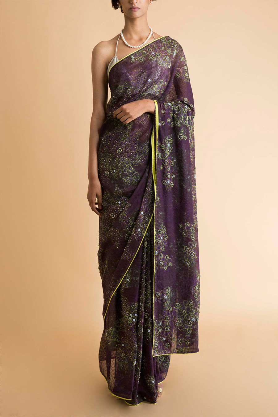 Purple Printed & Embroidered Saree