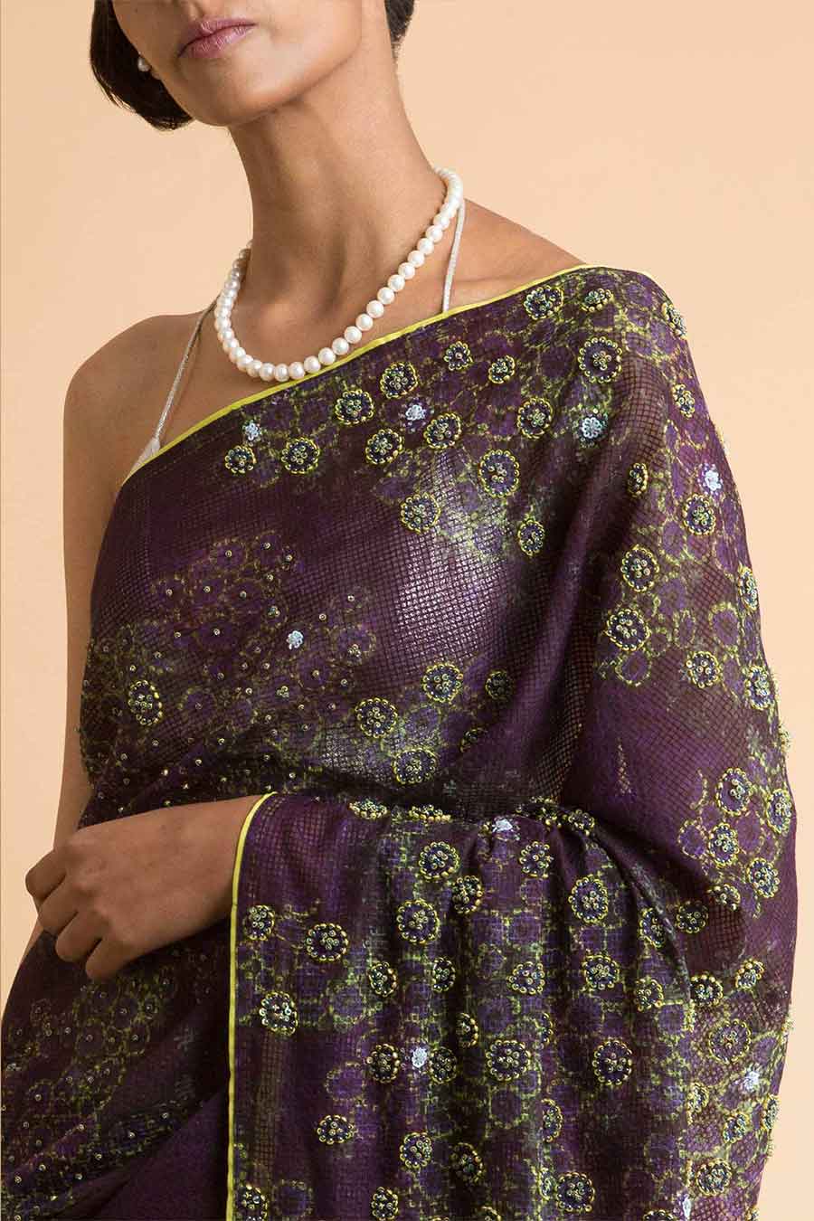 Purple Printed & Embroidered Saree