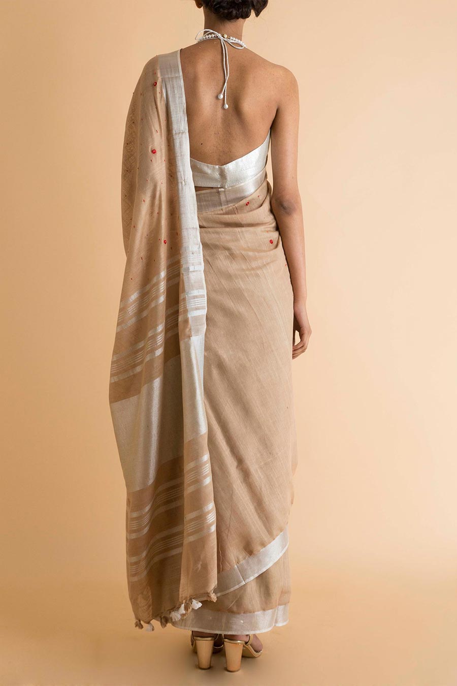 Beige Embroidered Linen Saree
