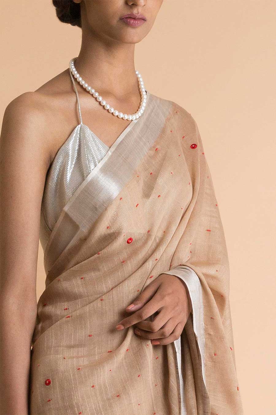 Beige Embroidered Linen Saree