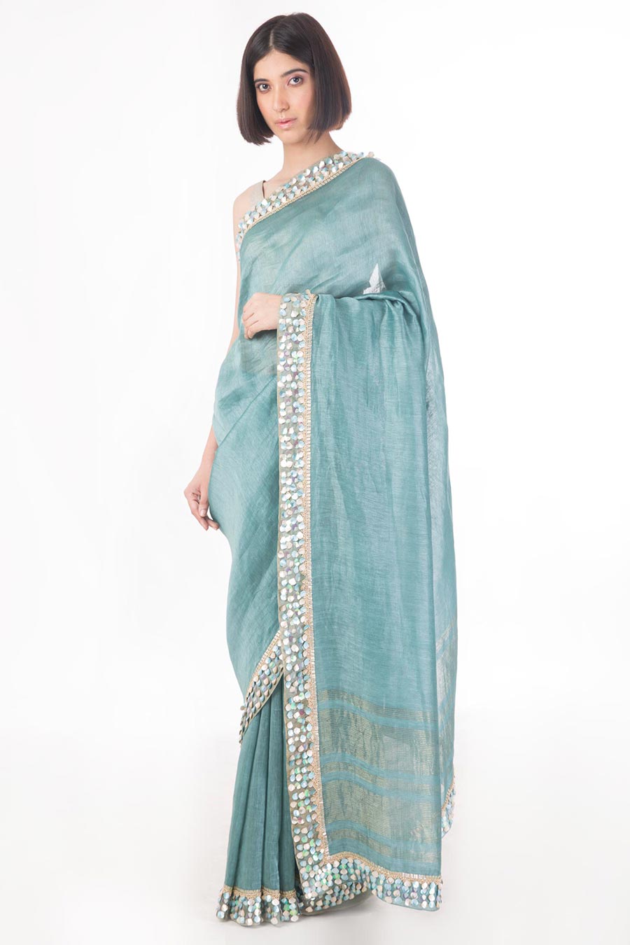 Teal Embroidered Linen Silk Saree