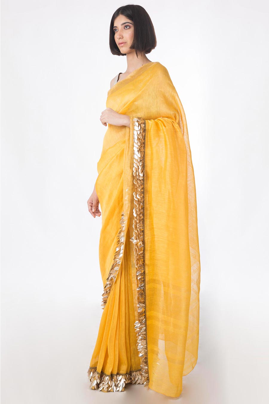 Yellow Embroidered Linen Silk Saree