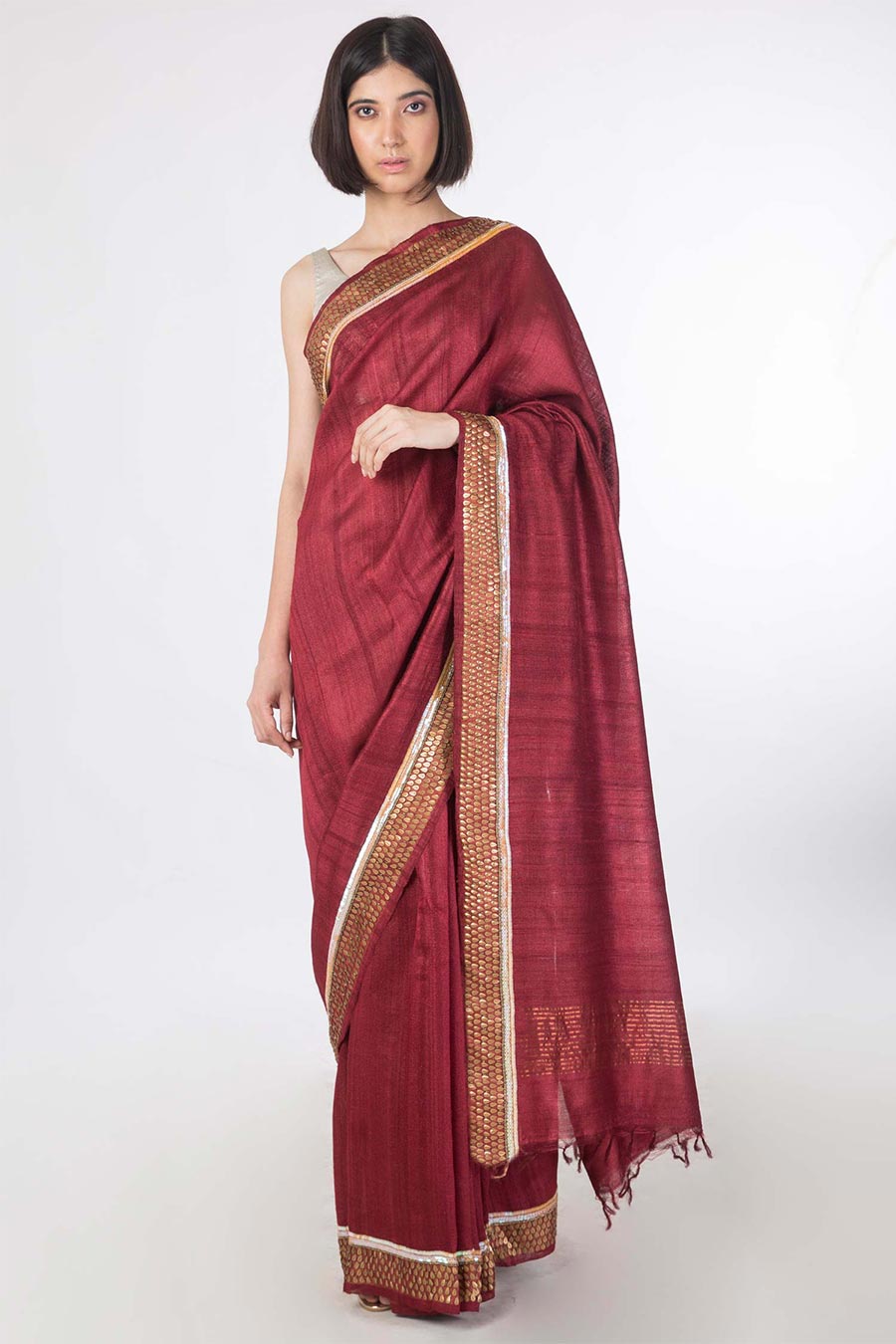 Maroon Embroidered Tusser Silk Saree