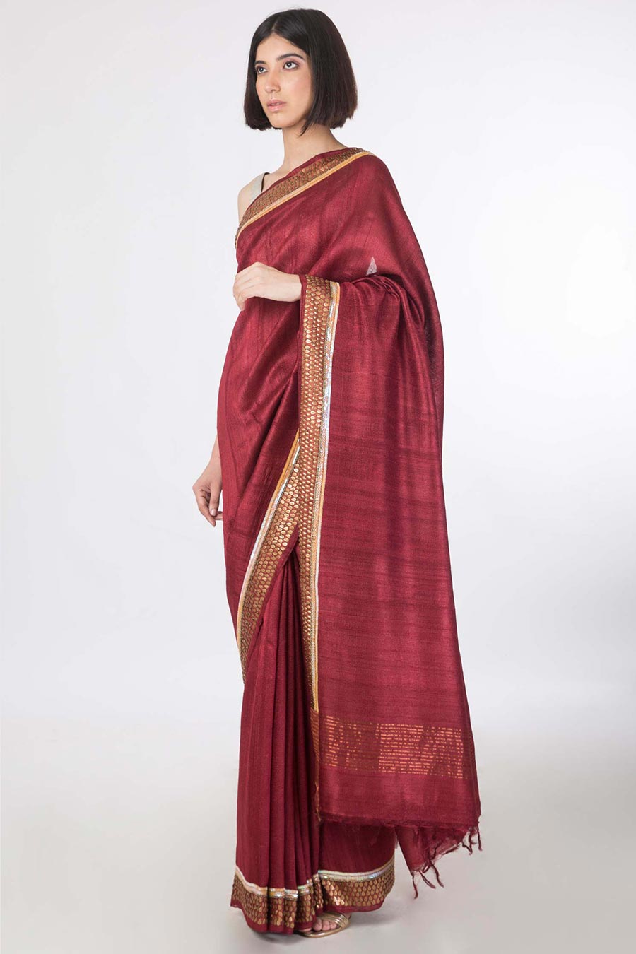 Maroon Embroidered Tusser Silk Saree