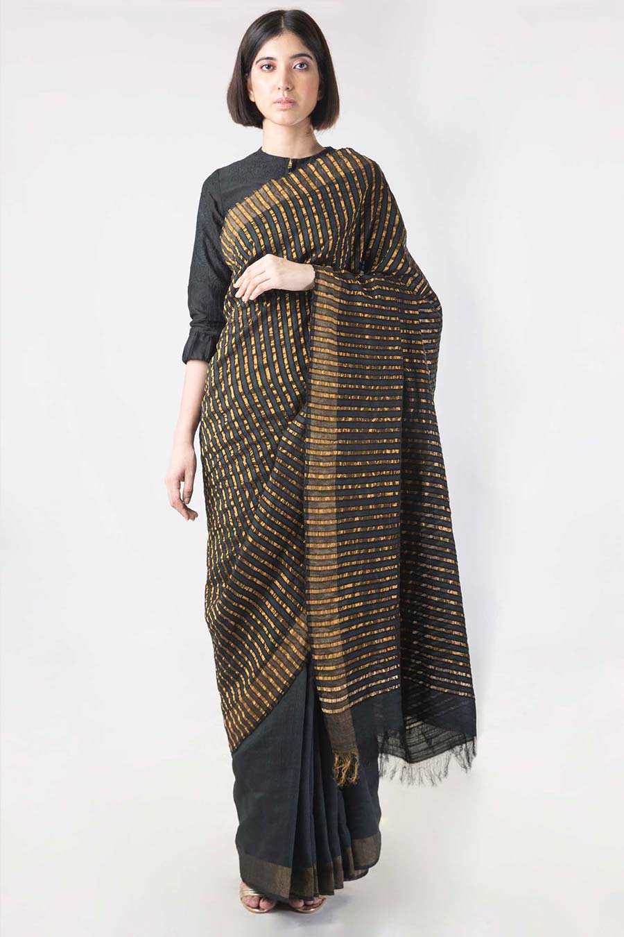 Black Handwoven Ivory Silk Saree