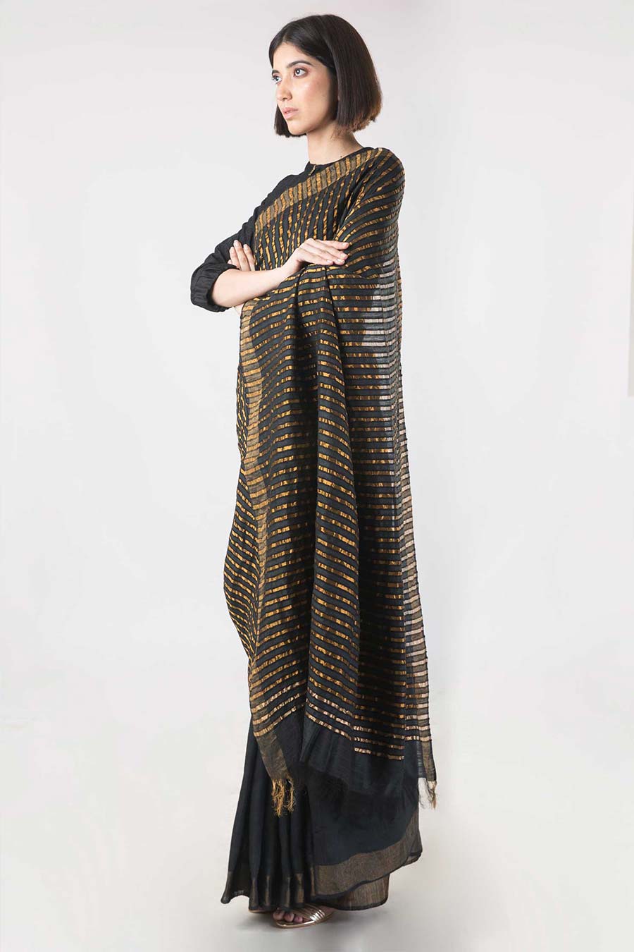 Black Handwoven Ivory Silk Saree